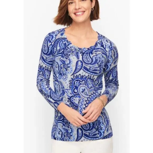 Talbots Blue White Paisley Scallop Neckline Crewneck Sweater Top - Picture 1 of 8